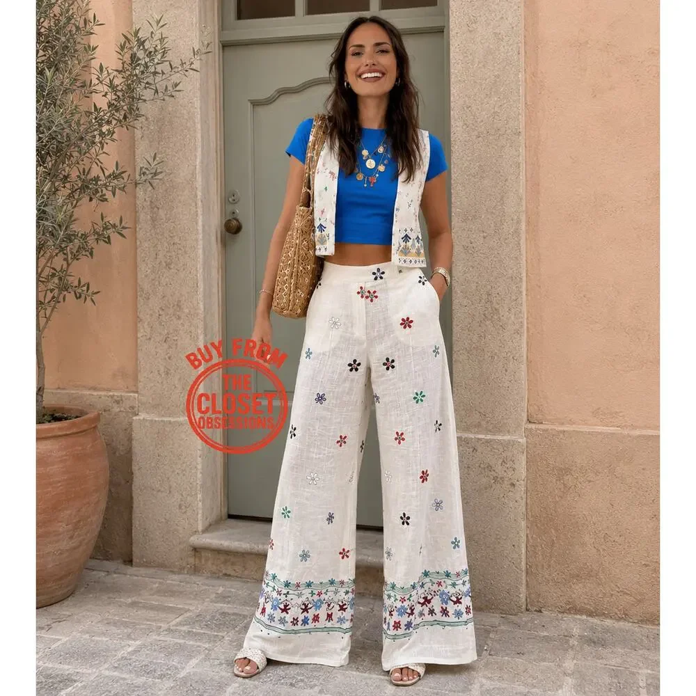 Zara NWT Embroidered Linen Blend Vest Wide Leg Pants Set M